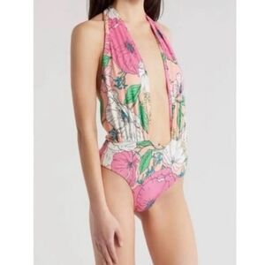 AFRM NWT Spring Blush Bouquet Rosa Cross Halter Bodysuit Plunge Neck Size S